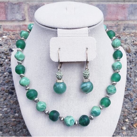 Monet Jewelry - Vintage Monet Necklace Choker & Earrings Jewelry Set Green Acrylic Glass